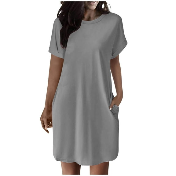 Timegard Tshirt Dress Women Short Sleeve Crewneck Basic Solid Color Dress Casual Comfy Dress with Pockets