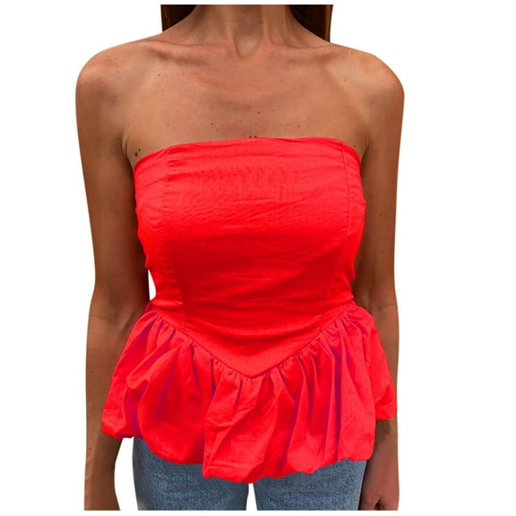Timegard Tube Top for Women Strapless Sleeveless Ruffle Tunic Top Solid Color Dressy Casual Tank Top