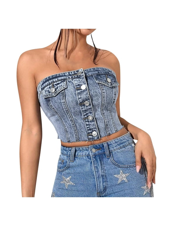 Tube Tops for Women Stretch Button up Denim Top Cropped Slim Strapless Jean Tank Top Classic