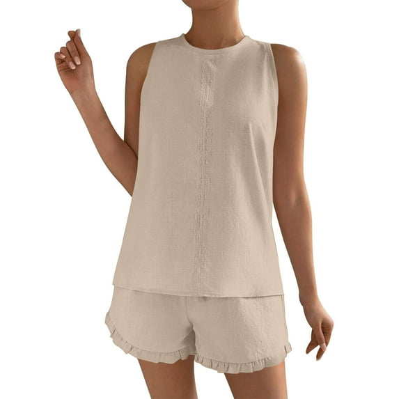 Timegard Vacation Outfits for Women Crewneck Lace Back Button Tank Top Ruffle Shorts Thin Lounge Sets