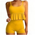 thumbnail image 1 of Timegard Vacation Sets for Women 2 Piece Ruffle Scoop Neck Camisole Tops Gym Shorts Workout Outfits, 1 of 8