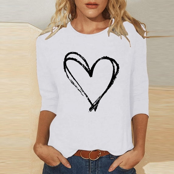 Timegard Valentines Tops for Women Plus Size Three-Quarter Sleeve Blouse Round Neck Loose Comfy Tops