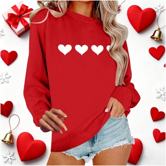 Timegard Valentines Womens Sweatshirts Print Long Sleeve Lightweight Loose Crewneck Pullover Tops Red