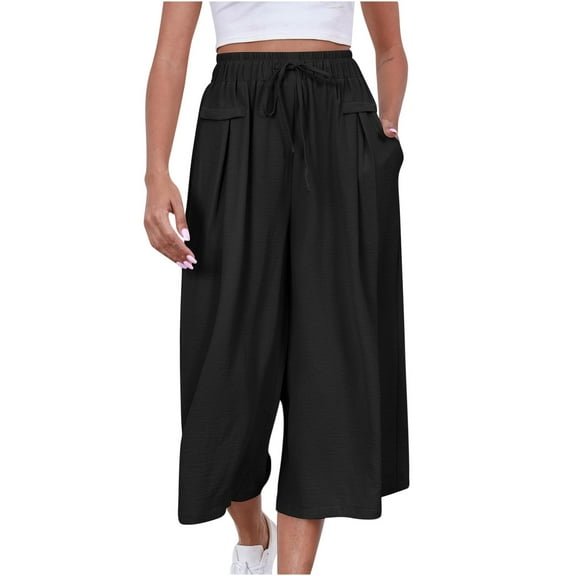 Timegard Wide Leg Pants for Women Elastic High Waist Drawstring Casual Loose Crop Pant with Pockets