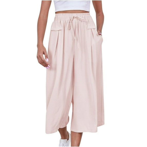 Timegard Wide Leg Pants for Women Elastic High Waist Drawstring Casual Loose Crop Pant with Pockets