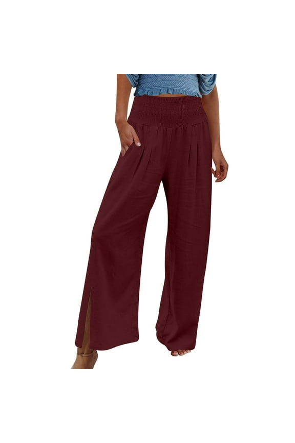 Wide Leg Pants for Women Ruched Smock High Waist Side Split Travel Casual Loose Trousers Fall