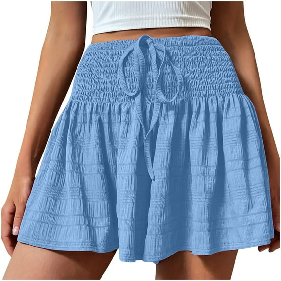 Timegard Wide Leg Shorts for Women Elastic Waist Smock Drawstring Solid Color Summer Casual Loose Shorts