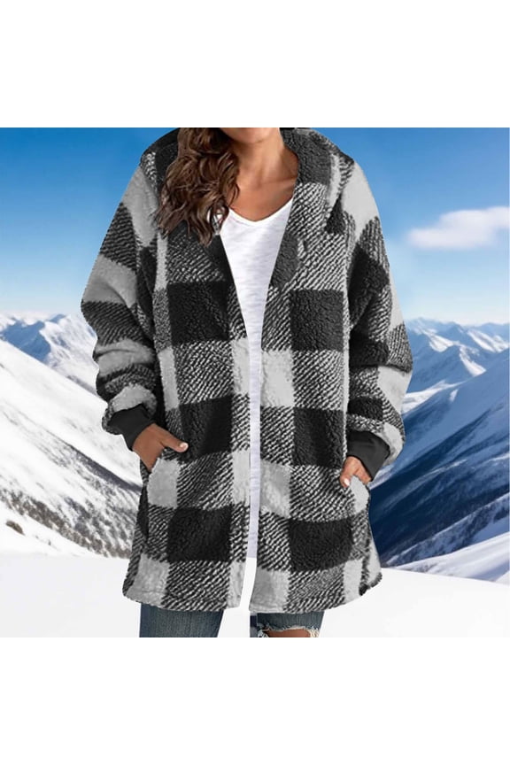 Winter Coats for Women Fleece Lined Plaid Long Sleeve Outwear with Hood Open Front Warm Loose Jackets