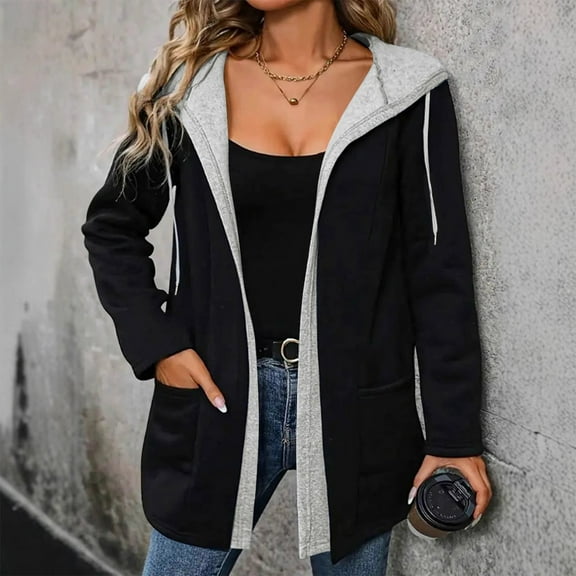 Timegard Winter Coats for Women Long Sleeve Open Front Color Block Hoodies Fashion Jackets Coat with Pockets