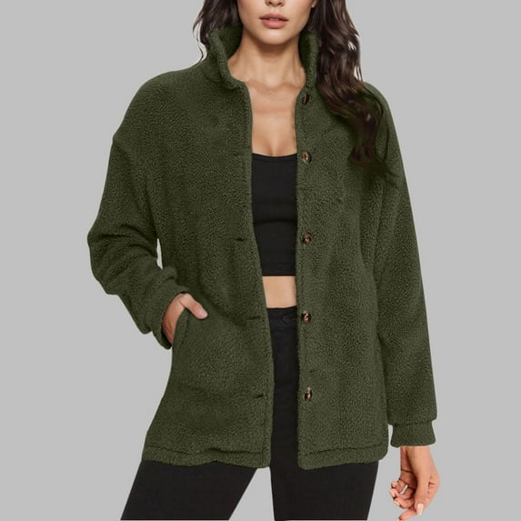 Timegard Winter Coats for Women Stand Collar Button down Fuzzy Fleece Warm Casual Solid Color Outwear