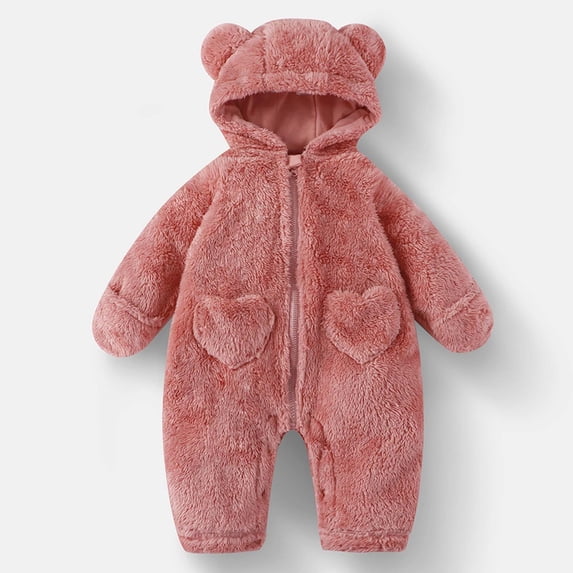 Timegard Winter Fuzzy Clothes Toddler Boy Girl Cute Fleece Onesie Unisex Warm Comfy Zip up Rompers with Pockets,Pink,6-9 Months