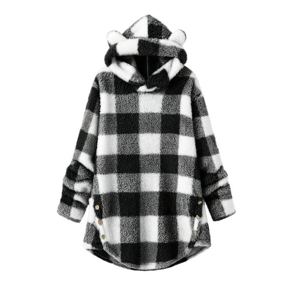 Timegard Winter Hoodies for Women Cute Fleece Plaid Button Long Sleeve Warm Loose Pullover Tops Trendy