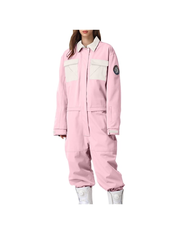 Winter Women Snowsuit Lapel Neck Long Sleeve Loose Rompers Outdoor Ski Active Athletic Windproof Jumpsuit