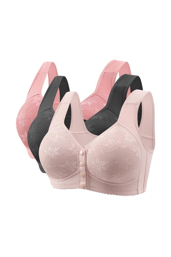 Wireless Bras for Women 3pc Front Closure Wide Strap Full Support Breathable Comfy Daily Bras