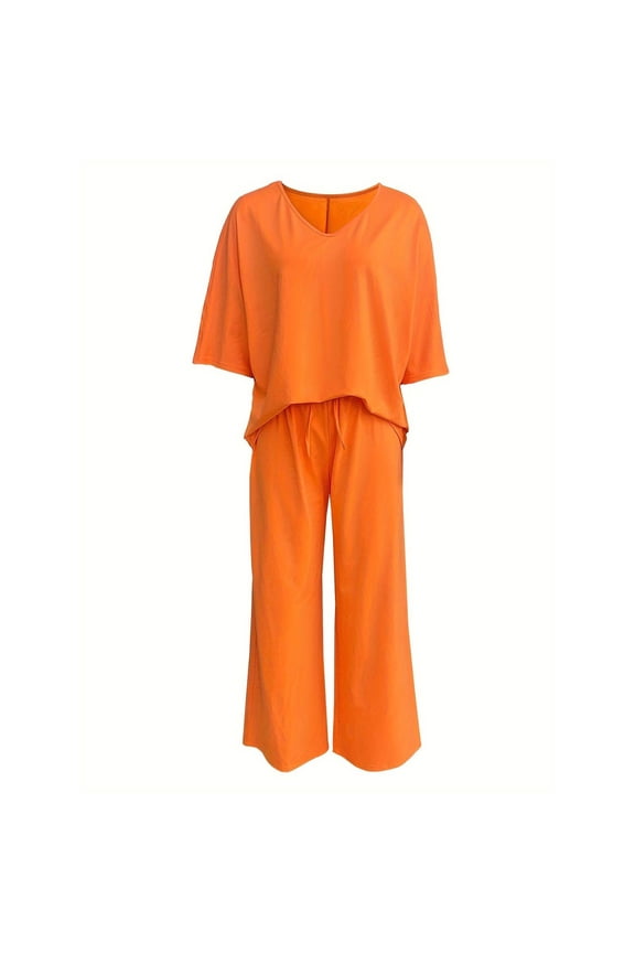 Women 2 Piece Set Casual Summer Outfits Loose V Neck Drop Shoulder Tops Matching Straight Leg Pants Sets,Orange,XXL