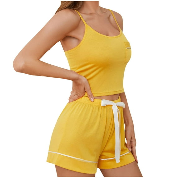 Timegard Women Pajamas Sets 2 Piece Scoop Neck Sleeveless Crop Top Elastic Waisted Shorts Sleepwear Casual Camis Outfits
