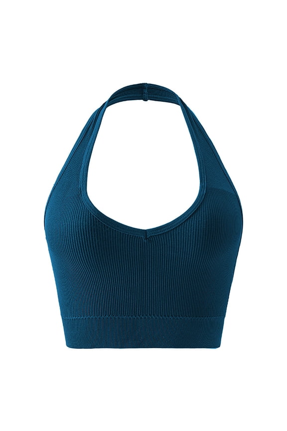 Women Sports Bra Seamless Wireless V Neck High Support Open Back Yoga Gym Workout Crop Tank Top