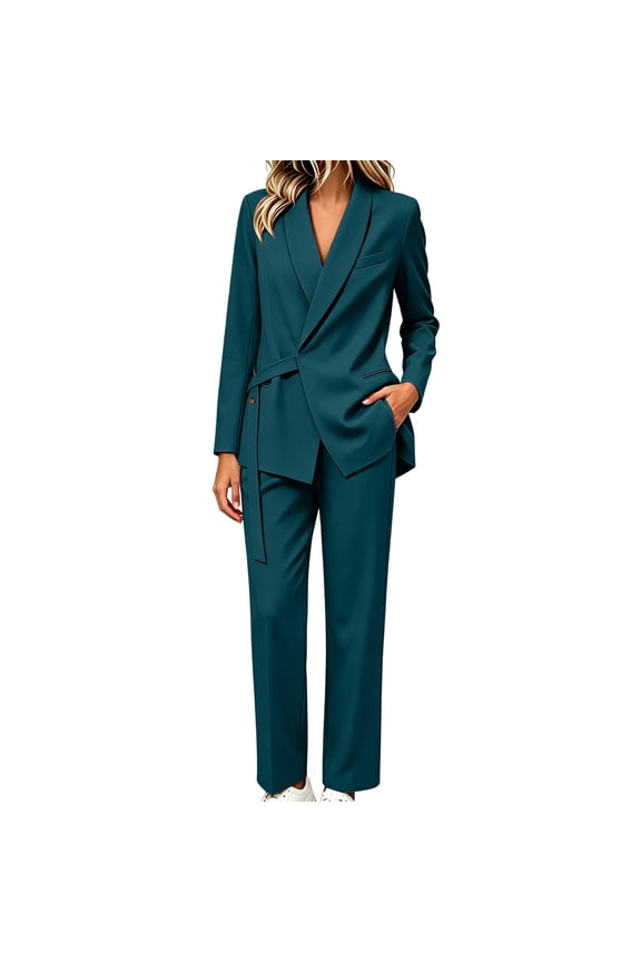 Women Suits 2 Piece Sets Dressy Business Casual Blazer Jacket and Straight Leg Pant Suits Formal Outfits(Medium,Green)