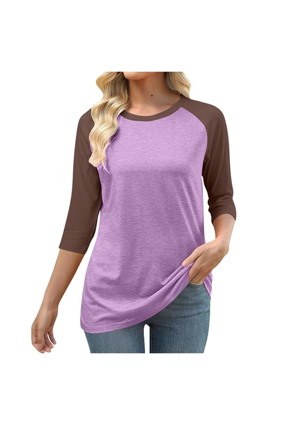 Women Tops Summer Round Neck Color Block S-5xl Comfy Tee Shirts Below Elbow Sleeve Comfy Tops