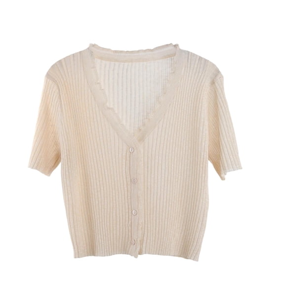 Timegard Women's Button down Cardigan Short Sleeve V Neck Ruffle Cute Comfy Crop Knit Sweater for Fall Casual,Beige,Free Size