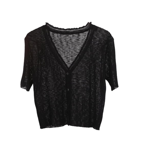 Timegard Women's Button down Cardigan Short Sleeve V Neck Ruffle Cute Comfy Crop Knit Sweater for Fall Casual,Black,Free Size