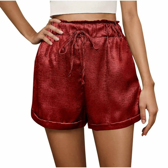 Timegard Women's Shorts High Elastic High Waist Shorts Party Loose Summer Shiny Shorts with Pocket