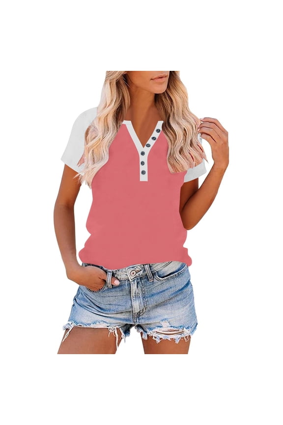 Women's Tops Summer S-5XL Button Notch V Neck Color Block Shirts Tops Casual Drop Shoulder Comfy Blouse