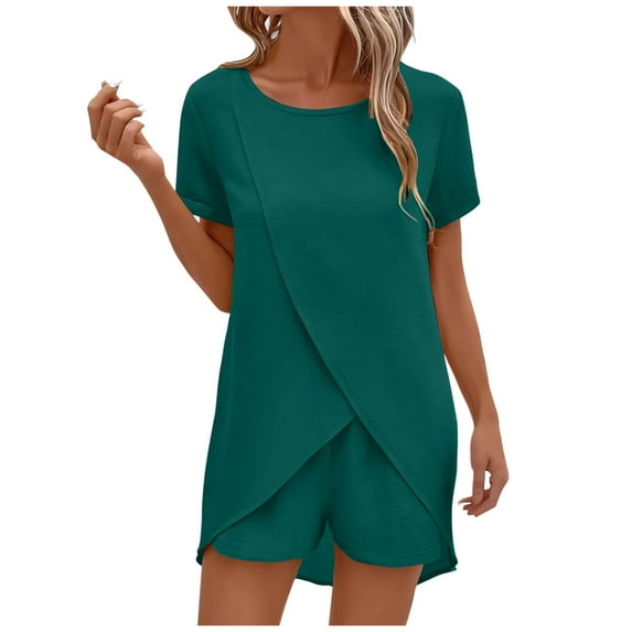 Timegard Womens 2 Piece Sets Round Neck Irregularly Top Shorts Solid Color Lightweight Lounge Outfits