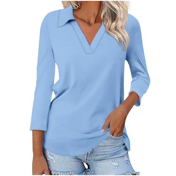 Timegard Womens 3/4 Sleeve Top Lapel V Neck Casual Loose Comfy Tee Shirts Solid Color Summer Fashion