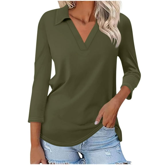 Timegard Womens 3/4 Sleeve Top Lapel V Neck Casual Loose Comfy Tee Shirts Solid Color Summer Fashion