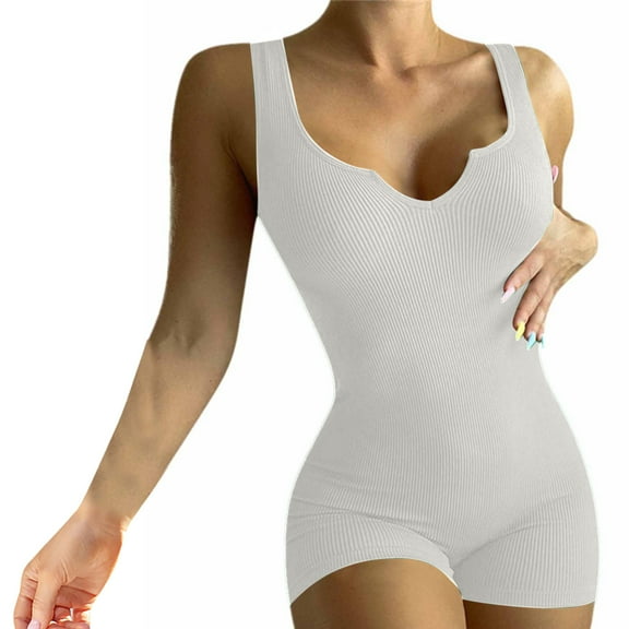 Timegard Womens Bodysuit Notched V Neck Sleeveless Skinny Comfy Short Rompers Casual Ribbed Workout Sets