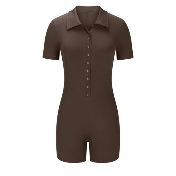 Timegard Ribbed Rompers for Women Short Sleeve Drop Shoulder Lapel V Neck Short Bodysuit Slim Fitting Outfits