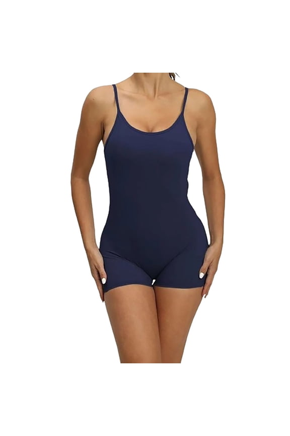 Womens Bodysuits with Built in Bras Scoop Neck Adjustable Strap Short Slim Yoga Rompers Fashion