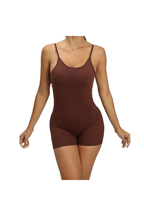 Womens Bodysuits with Built in Bras Scoop Neck Adjustable Strap Short Slim Yoga Rompers Fashion