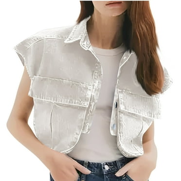Timegard Womens Button down Shirt Collared Sleeveless Cropped Streetwear Jean Denim Tops with Pockets