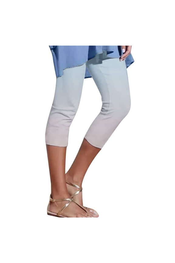 Womens Capri Leggings Pants Gradient Color Elastic Waisted Drawstring Comfy Slim Casual Cropped Trousers