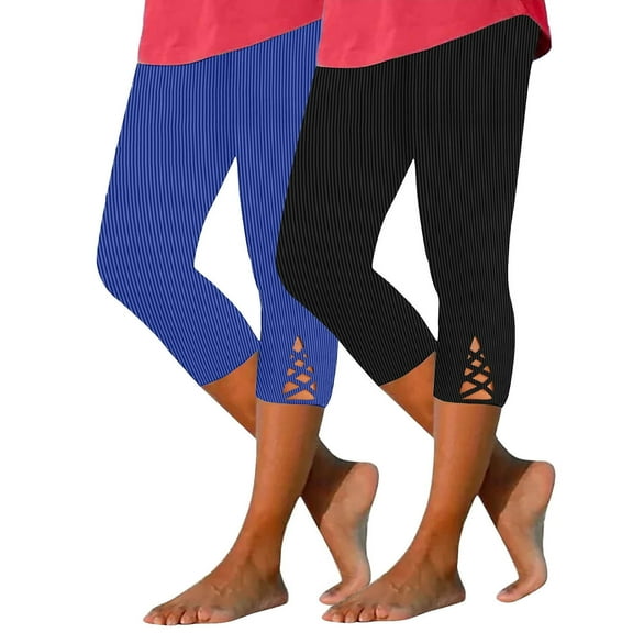 Timegard Womens Capri Pants 2pc Ribbed Cutout Cropped Leggings Casual Elastic High Waist Comfy Pants