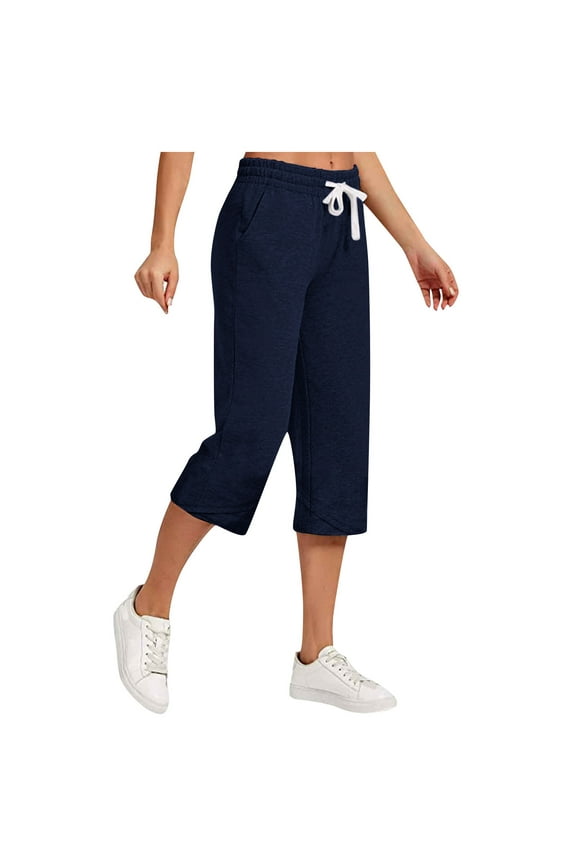 Womens Capri Pants Cotton Linen Elastic High Waist Lightweight Casual Crop Pants with Pockets