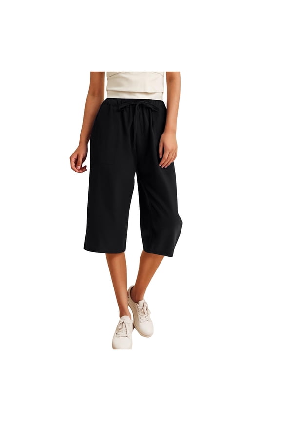 Womens Capri Pants Summer Elastic High Waist Drawstring Solid Color Casual Loose Crop Trousers