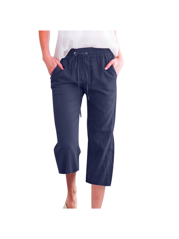 Womens Capri Pants Cotton Linen Elastic Waisted Button Casual Cropped Trousers with Pockets