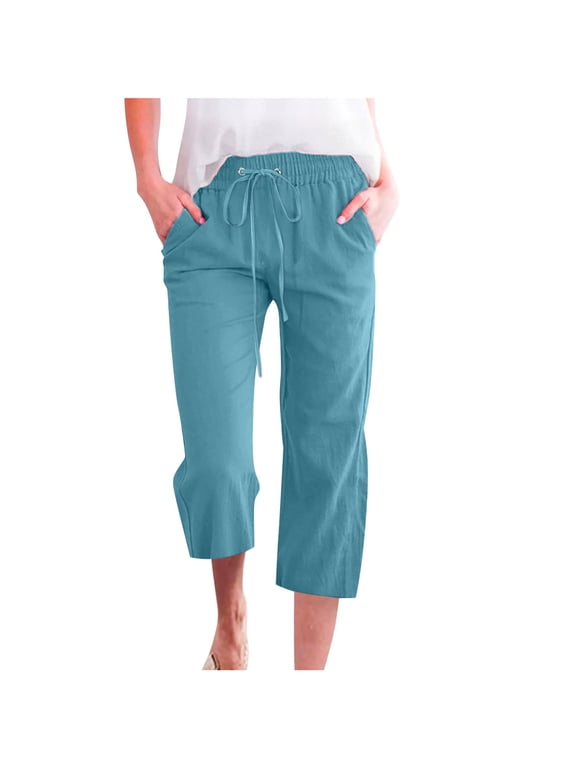 Womens Capri Pants Cotton Linen Elastic Waisted Button Casual Cropped Trousers with Pockets