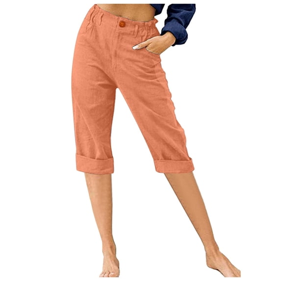 Timegard Womens Capri Pants Cotton Linen Elastic Waisted Button Casual Cropped Trousers with Pockets