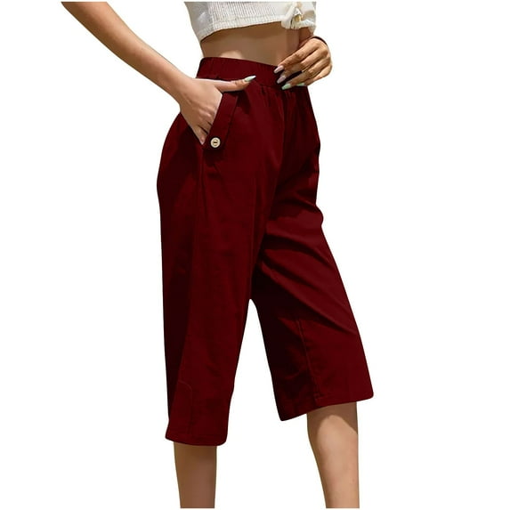 Timegard Womens Capri Pants Elastic Waist Wide Leg Solid Color Casual Cropped Trousers with Pockets