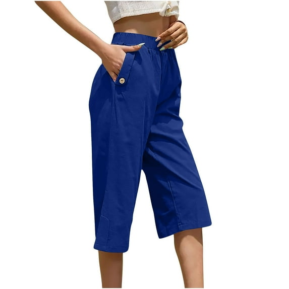 Timegard Womens Capri Pants Elastic Waist Wide Leg Solid Color Casual Cropped Trousers with Pockets