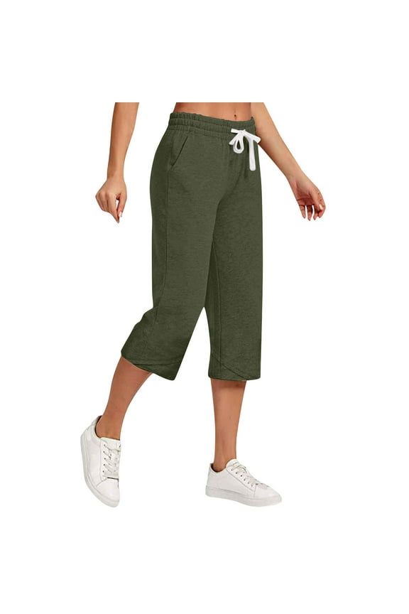 Womens Capri Pants Cotton Linen Elastic High Waist Lightweight Casual Crop Pants with Pockets