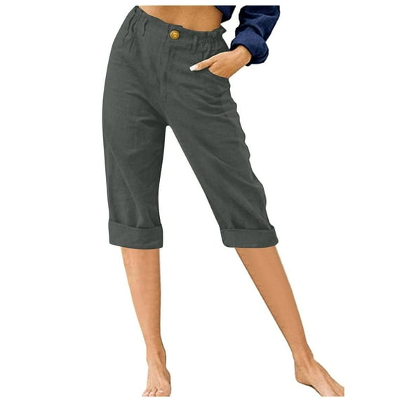 Timegard Womens Capri Pants Straight Leg Elastic Waisted Button Summer Casual Crop Pants with Pockets