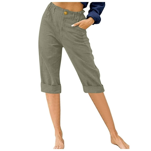 Timegard Womens Capri Pants Straight Leg Elastic Waisted Button Summer Casual Crop Pants with Pockets