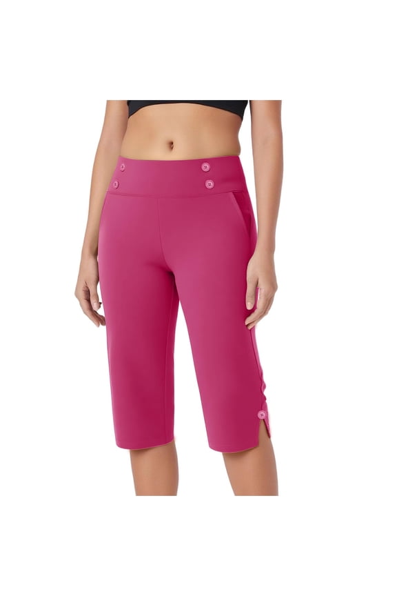 Womens Capri Pants Stretch High Waist Button Work Casual Pants for Summer with Pockets