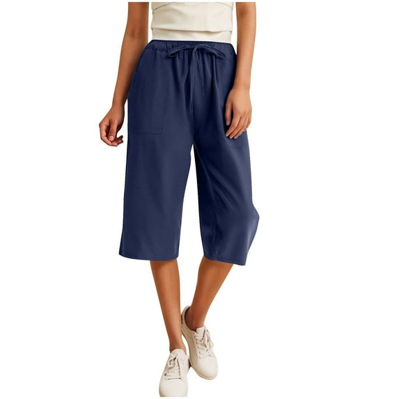 Timegard Womens Capri Pants Summer Elastic High Waist Drawstring Solid Color Casual Loose Crop Trousers