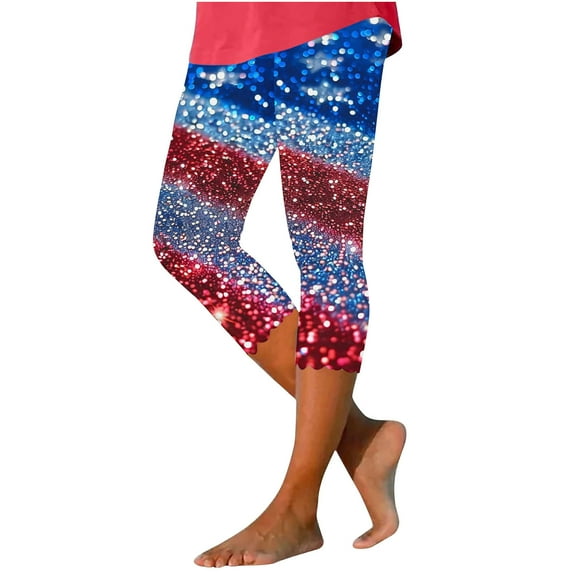 Timegard Womens Capri Pants Summer Independence Day Print Plus Size High Wasited Slim Yoga Crop Pants